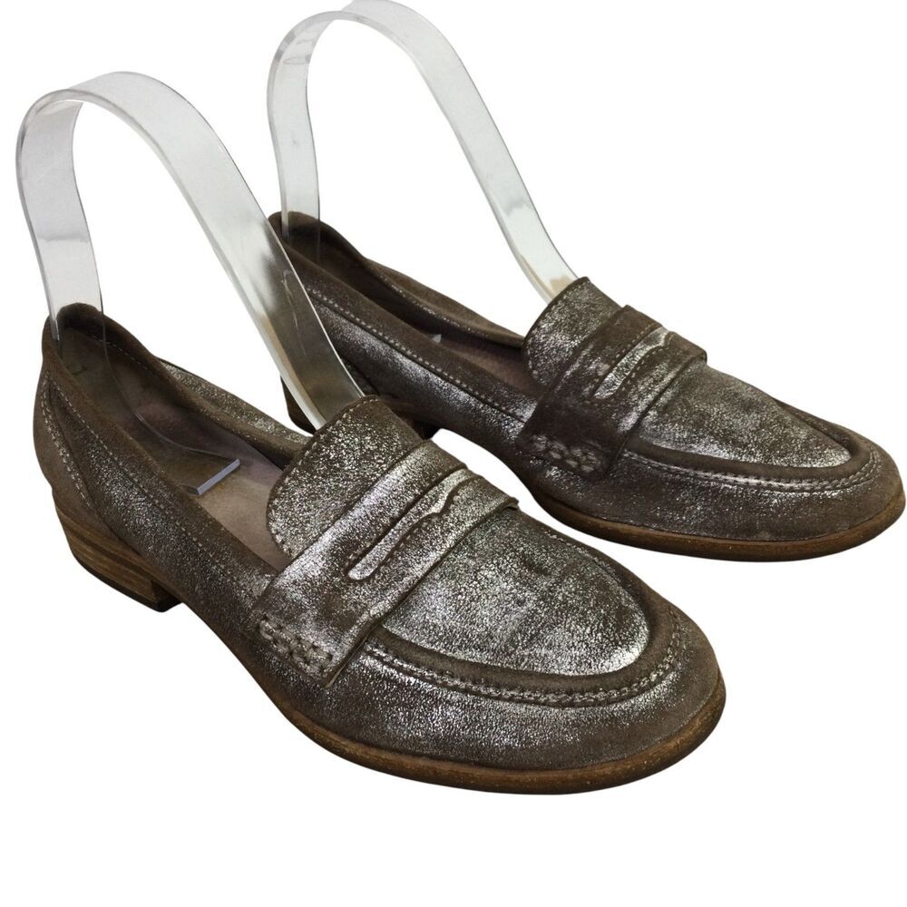 Seychelles Womens Comfort Sparkle Penny Loafers Flats Leather Silver Brown 6.5
